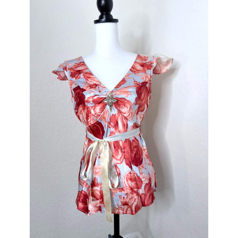 Anthropologie VTG Y2K Plenty 100% SILK Babydoll Sequin Satin Bow Floral Sz 10
